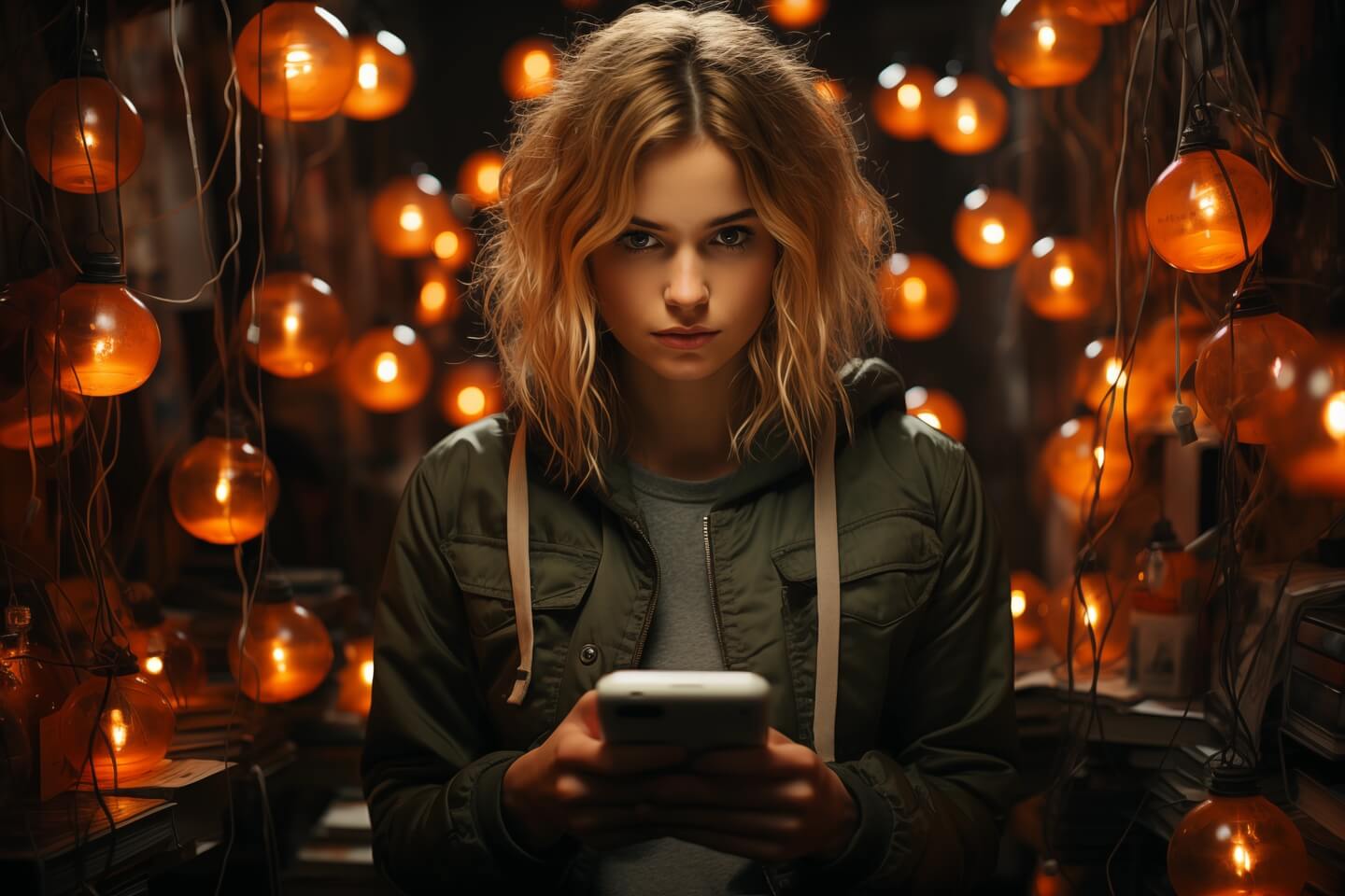 Mladší žena s mobilem v místnosti žárovek