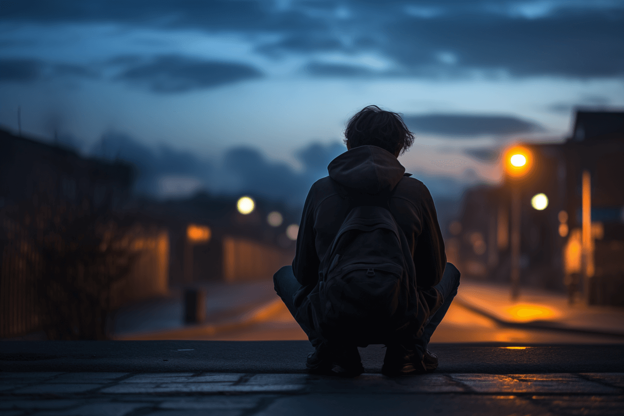 Mladý muž sedí ve tmě s batohem