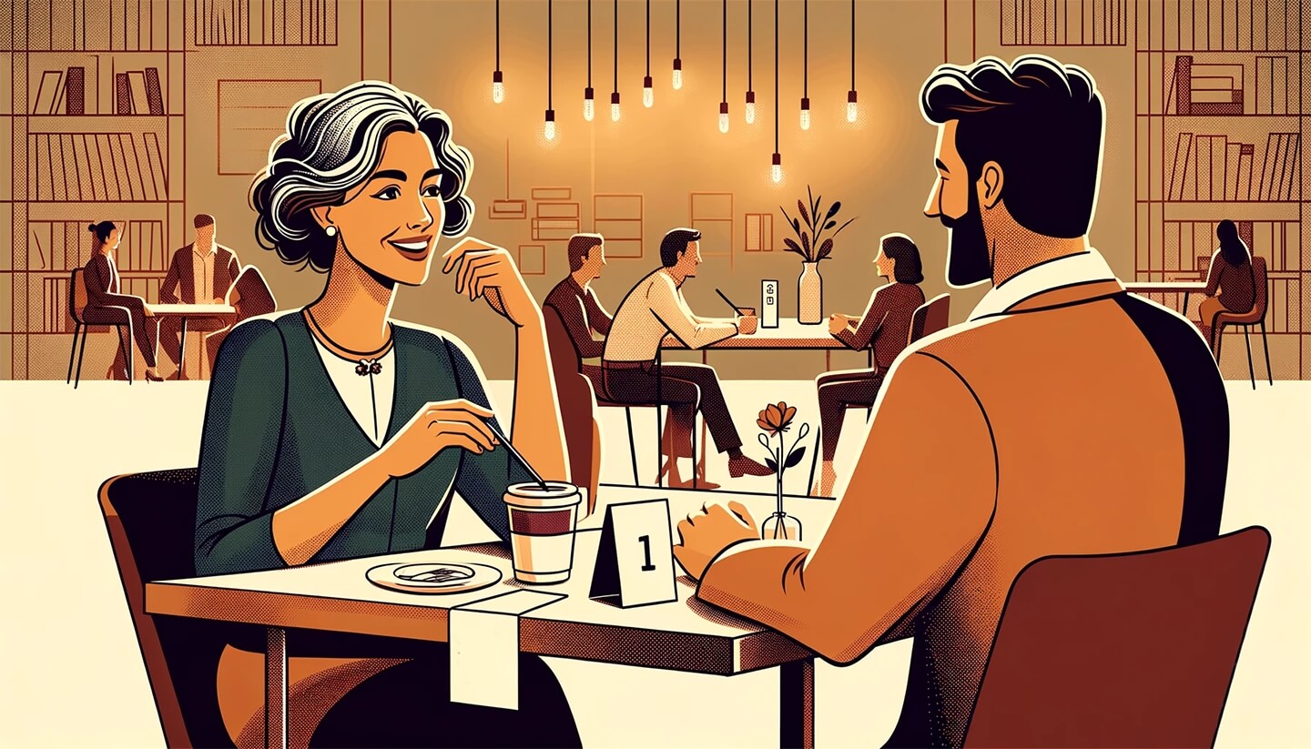 Muž a žena si povídají u stolku