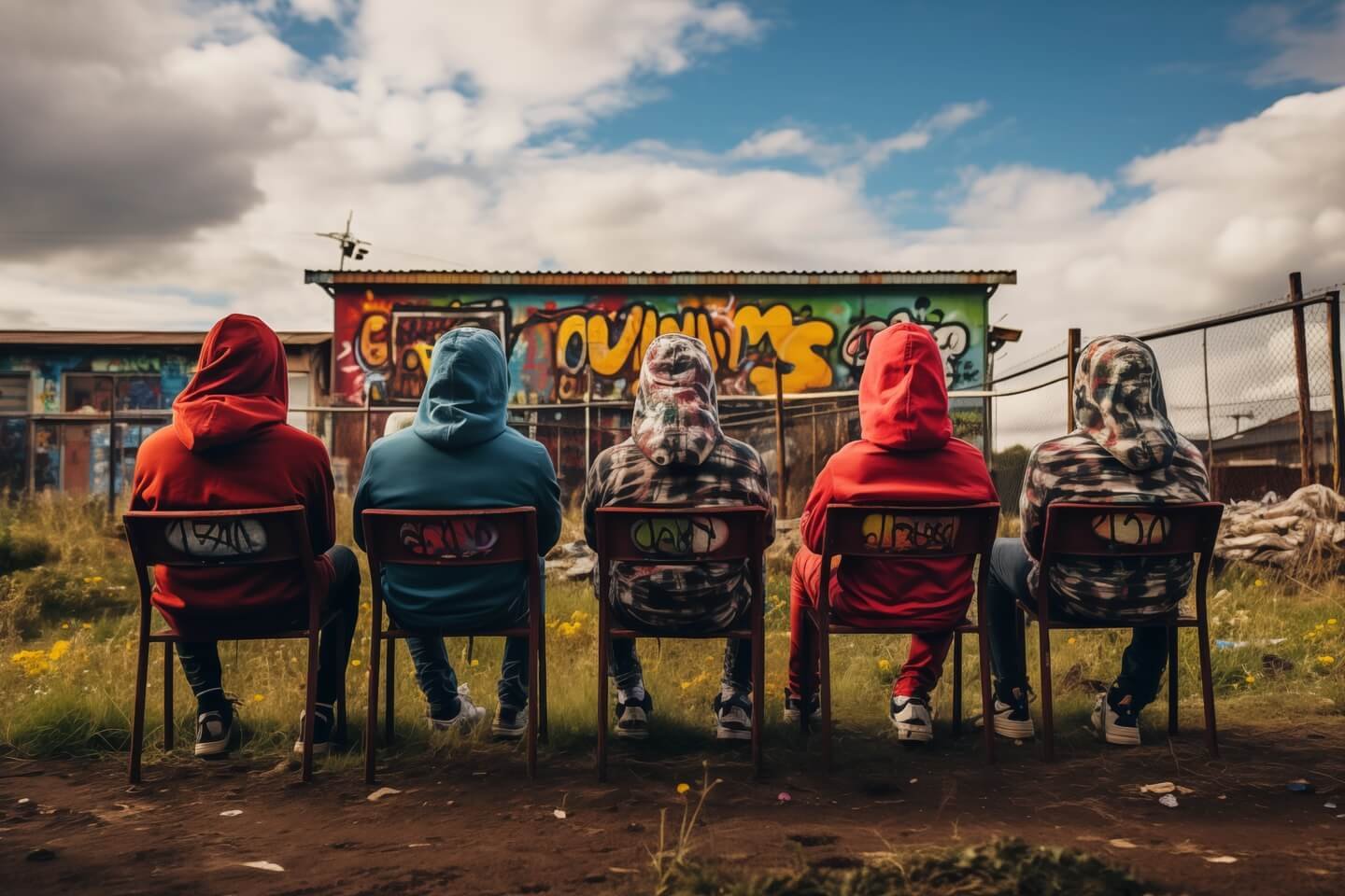 Skupina osoba sedí před domem pomalovaným grafiti